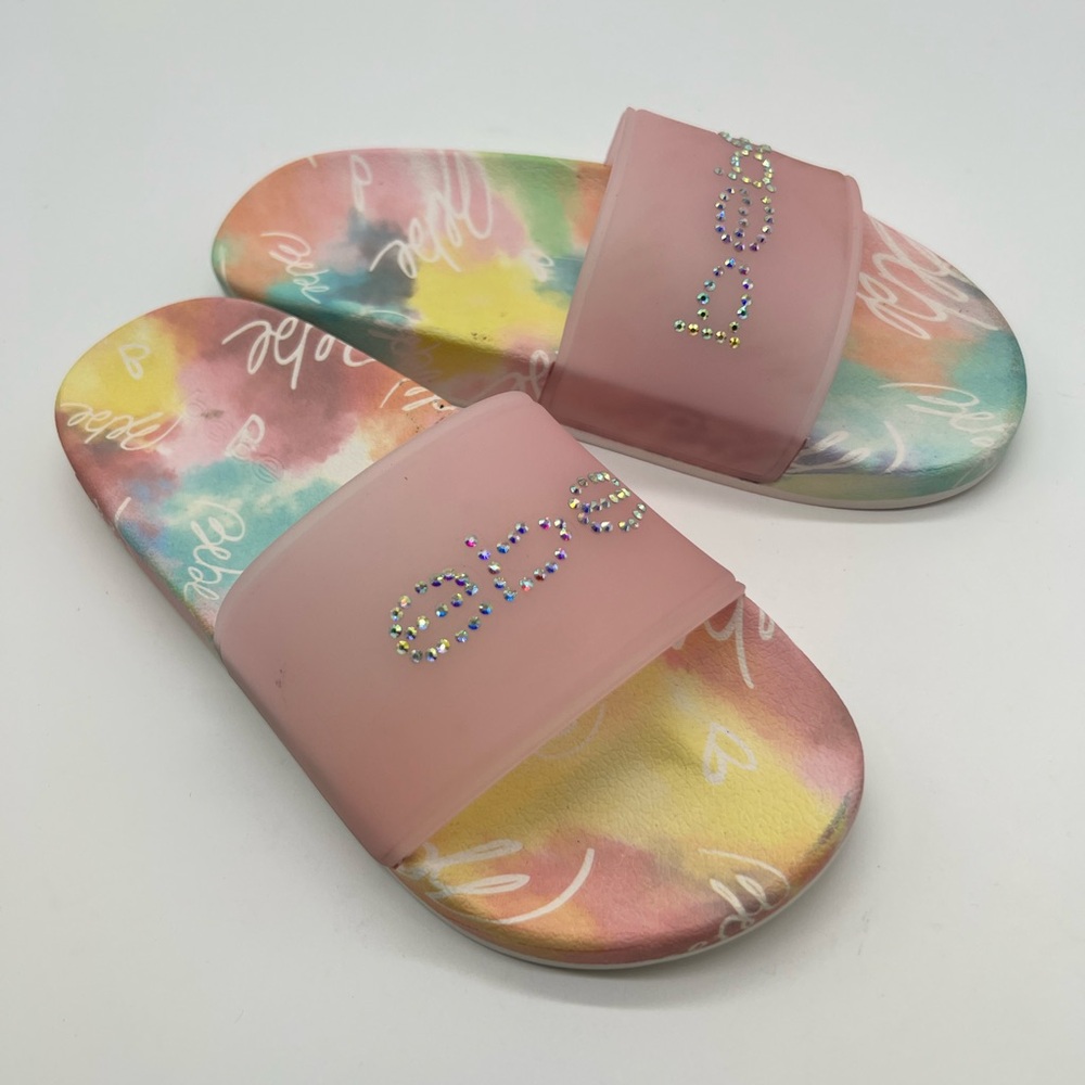 Colorful Bebe Slide Sandals with Rhinestone Detail